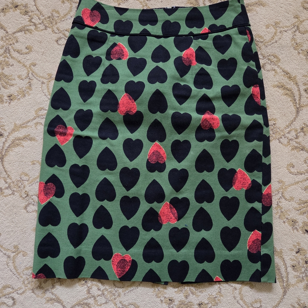 Anthropologie Green and Red Heart Pencil Skirt